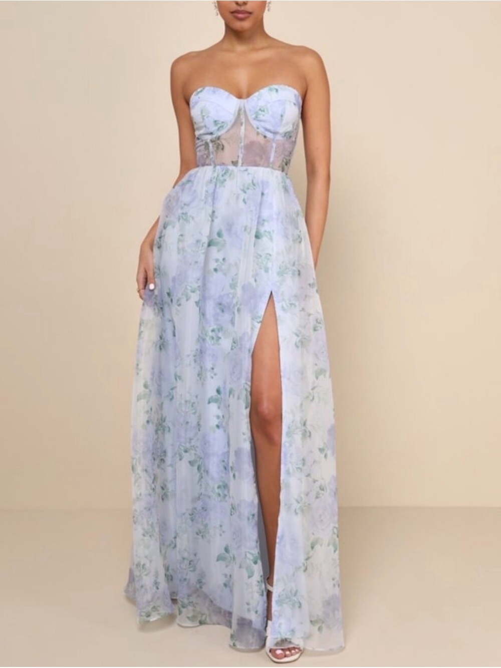 Lulu's Pastel periwinkle Floral Strapless Chiffon Maxi wedding guest Dress small